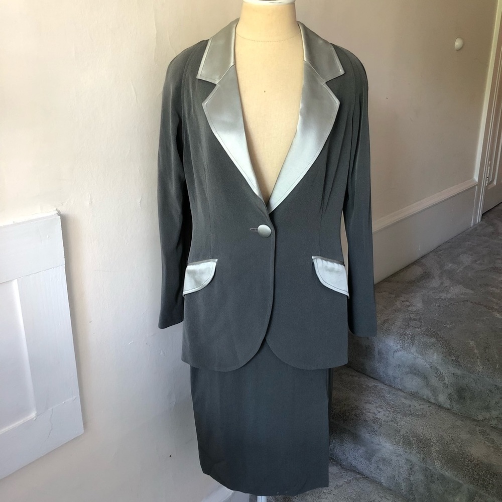 Paula Hian Satin Lapel Skirt Suiting Set EUC